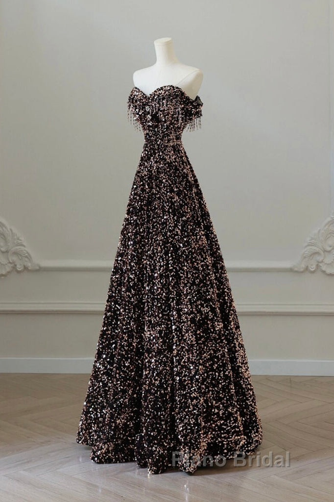 Off Shoulder A-Line Coffee Gold Sequin Long Formal Prom Dresses, Coffee Gold Evening Dresses