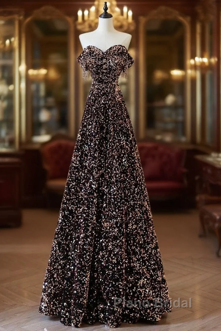 Off Shoulder A-Line Coffee Gold Sequin Long Formal Prom Dresses, Coffee Gold Evening Dresses Main image