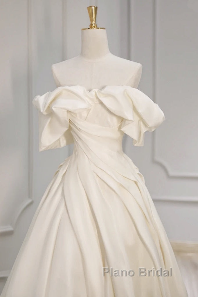 Off Shoulder A-Line Satin Beige Long Formal Prom Dresses, Beige Long Formal Dresses