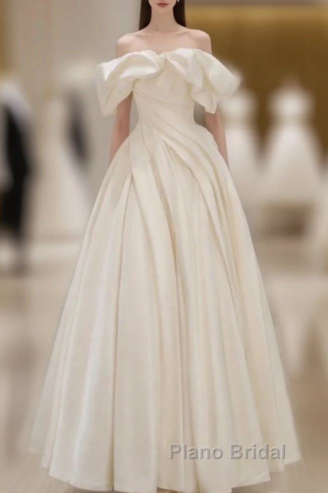 Off Shoulder A-Line Satin Beige Long Formal Prom Dresses, Beige Long Formal Dresses Main image