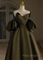 Off Shoulder A-Line Satin Green Long Party Dresses, Green Formal Dresses Formal Prom Dresses