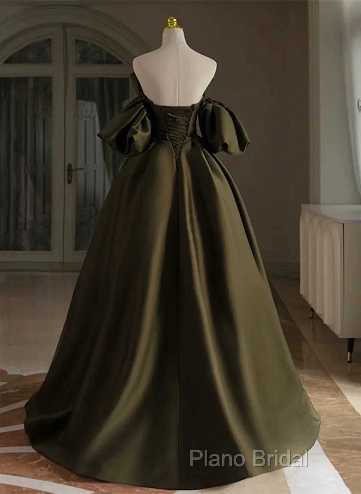 Off Shoulder A-Line Satin Green Long Party Dresses, Green Formal Dresses Formal Prom Dresses