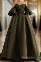 Off Shoulder A-Line Satin Green Long Party Dresses, Green Formal Dresses Formal Prom Dresses