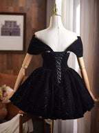 Off Shoulder A-Line Velvet Black Formal Prom Dresses, Black Homecoming Dresses