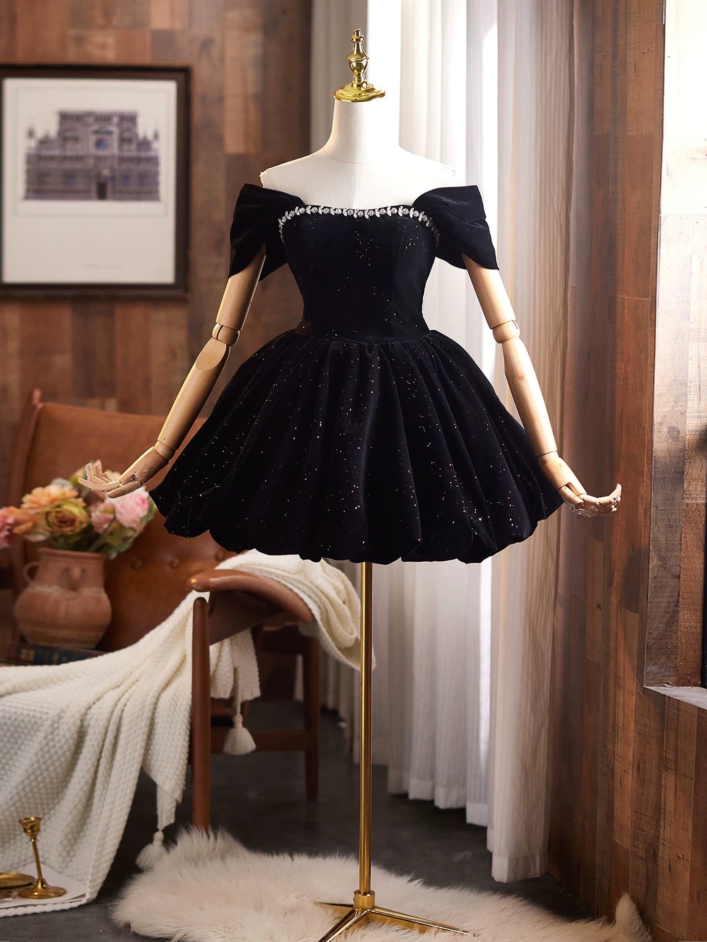 Off Shoulder A-Line Velvet Black Formal Prom Dresses, Black Homecoming Dresses