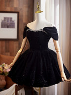 Off Shoulder A-Line Velvet Black Formal Prom Dresses, Black Homecoming Dresses