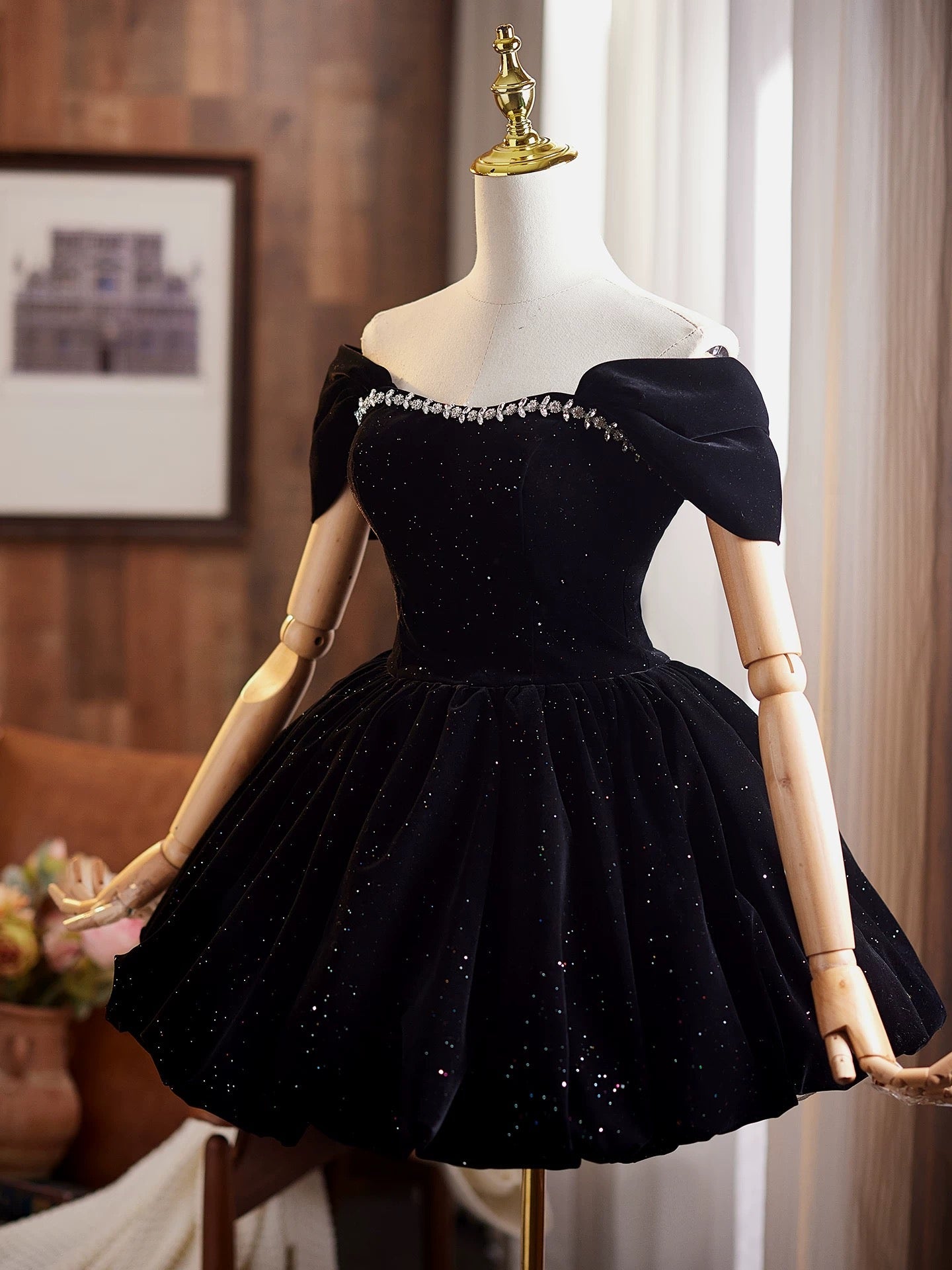 Off Shoulder A-Line Velvet Black Formal Prom Dresses, Black Homecoming Dresses
