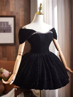 Off Shoulder A-Line Velvet Black Formal Prom Dresses, Black Homecoming Dresses