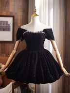 Off Shoulder A-Line Velvet Black Formal Prom Dresses, Black Homecoming Dresses