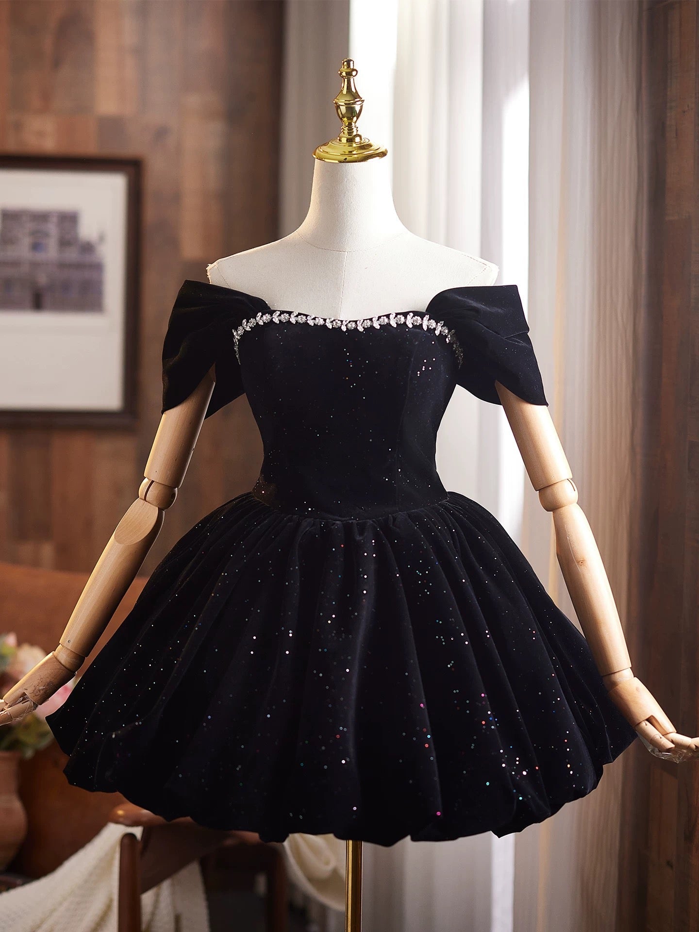 Off Shoulder A-Line Velvet Black Formal Prom Dresses, Black Homecoming Dresses