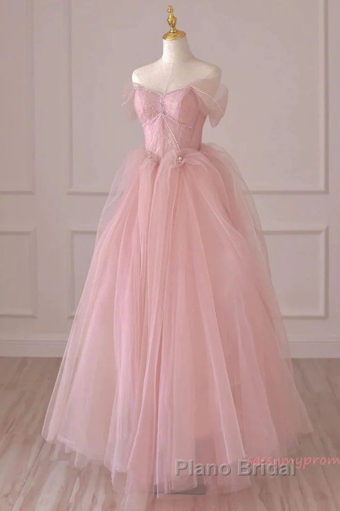 Off Shoulder Beading Pink Tulle Princess Formal Prom Dresses Secondary image