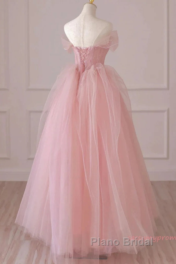 Off Shoulder Beading Pink Tulle Princess Formal Prom Dresses