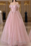 Off Shoulder Beading Pink Tulle Princess Formal Prom Dresses