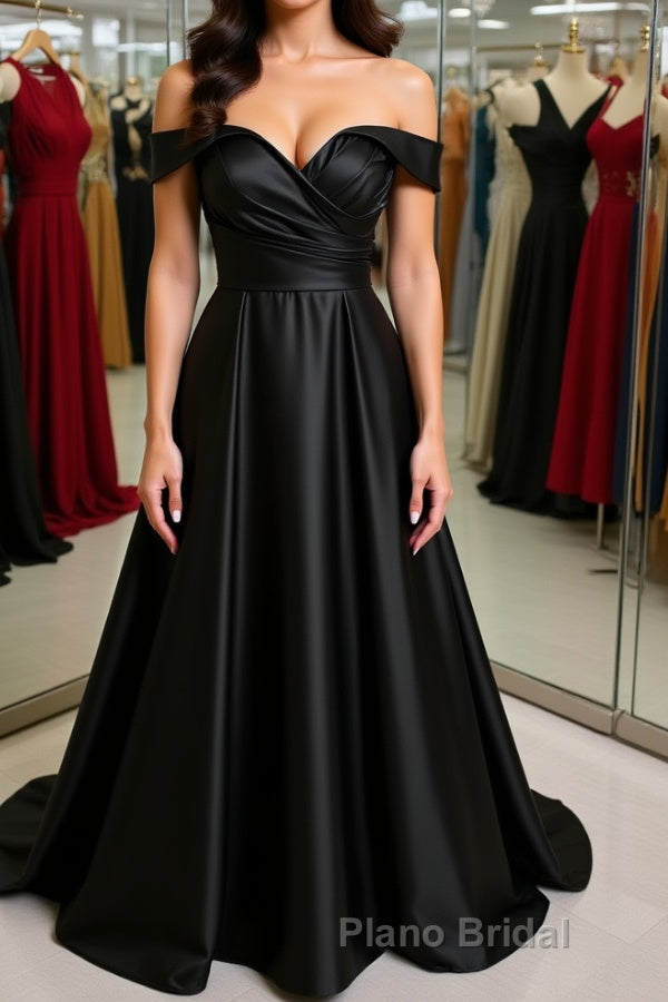 Off Shoulder Black Satin Long Formal Prom Dress, Long Black Formal Graduation Evening Dress Main image