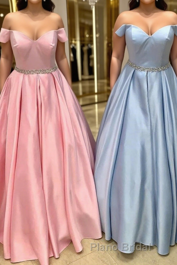 Off Shoulder Blue Long Formal Prom Dresses with Belt, Pink Formal Dresses, Blue Evening Dresses Main image