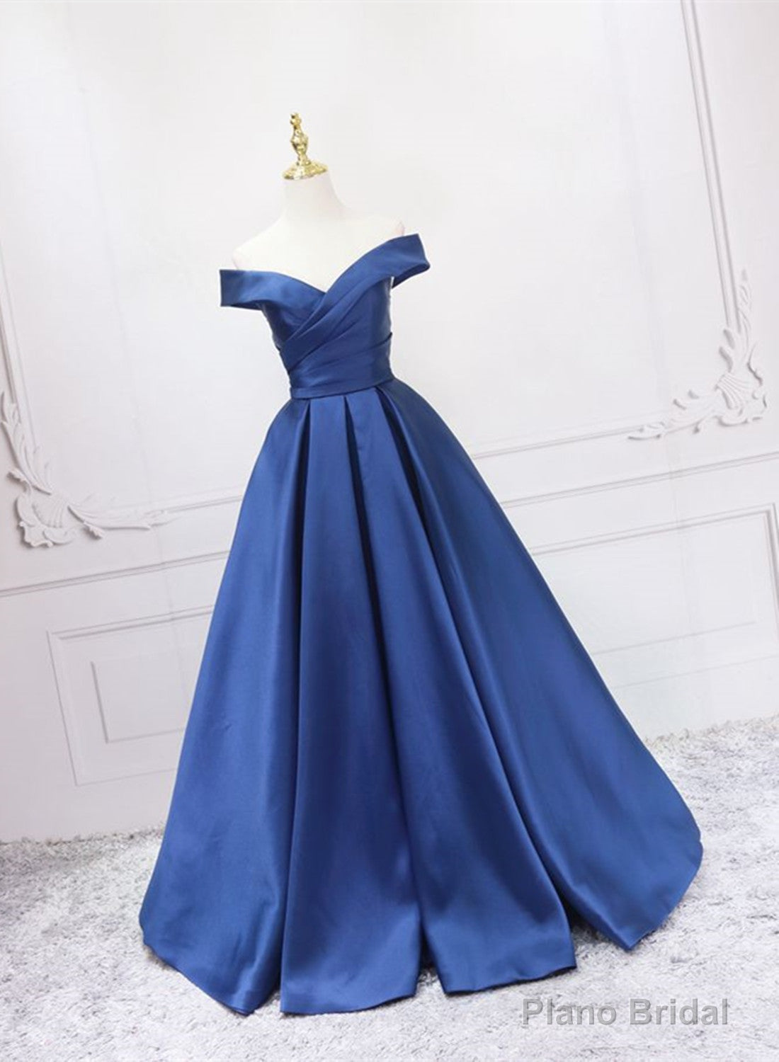 Off Shoulder Blue Satin A-line Floor Length Prom Dress, Blue Simple Formal Dress Main image