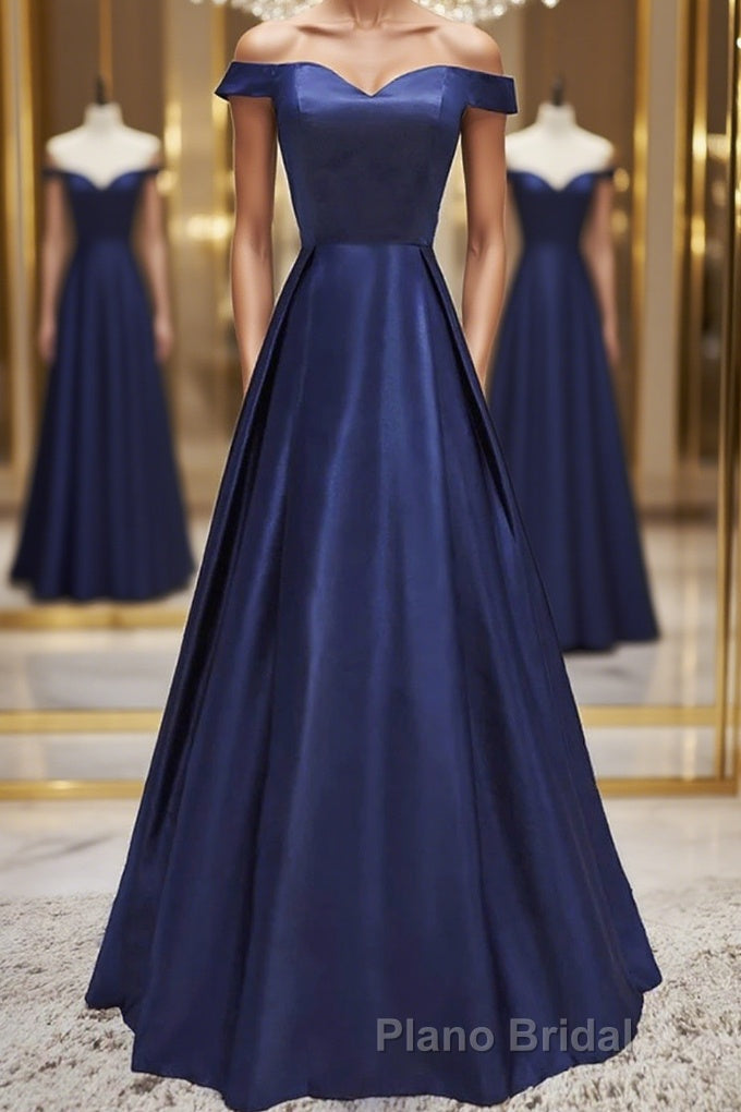 Off Shoulder Blue Satin Long Formal Prom Dress, Off Shoulder Blue Formal Dress, Blue Evening Dress Main image