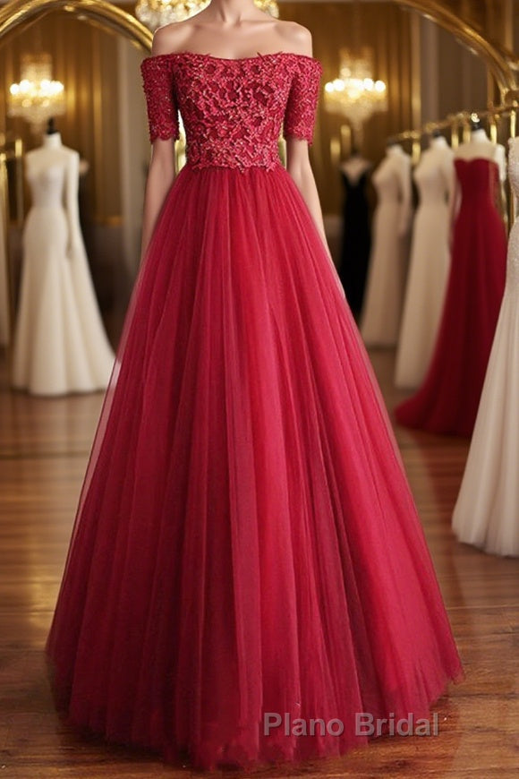 Off Shoulder Burgundy Lace Long Formal Prom Dresses, Burgundy Lace Formal Dresses, Burgundy Evening Dresses
