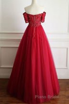 Off Shoulder Burgundy Lace Long Formal Prom Dresses, Burgundy Lace Formal Dresses, Burgundy Evening Dresses