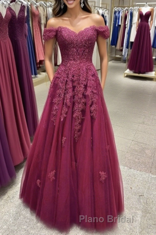 Off Shoulder Burgundy Lace Formal Prom Dress, Off the Shoulder Burgundy Formal Dress, Burgundy Lace Evening Dress Main image
