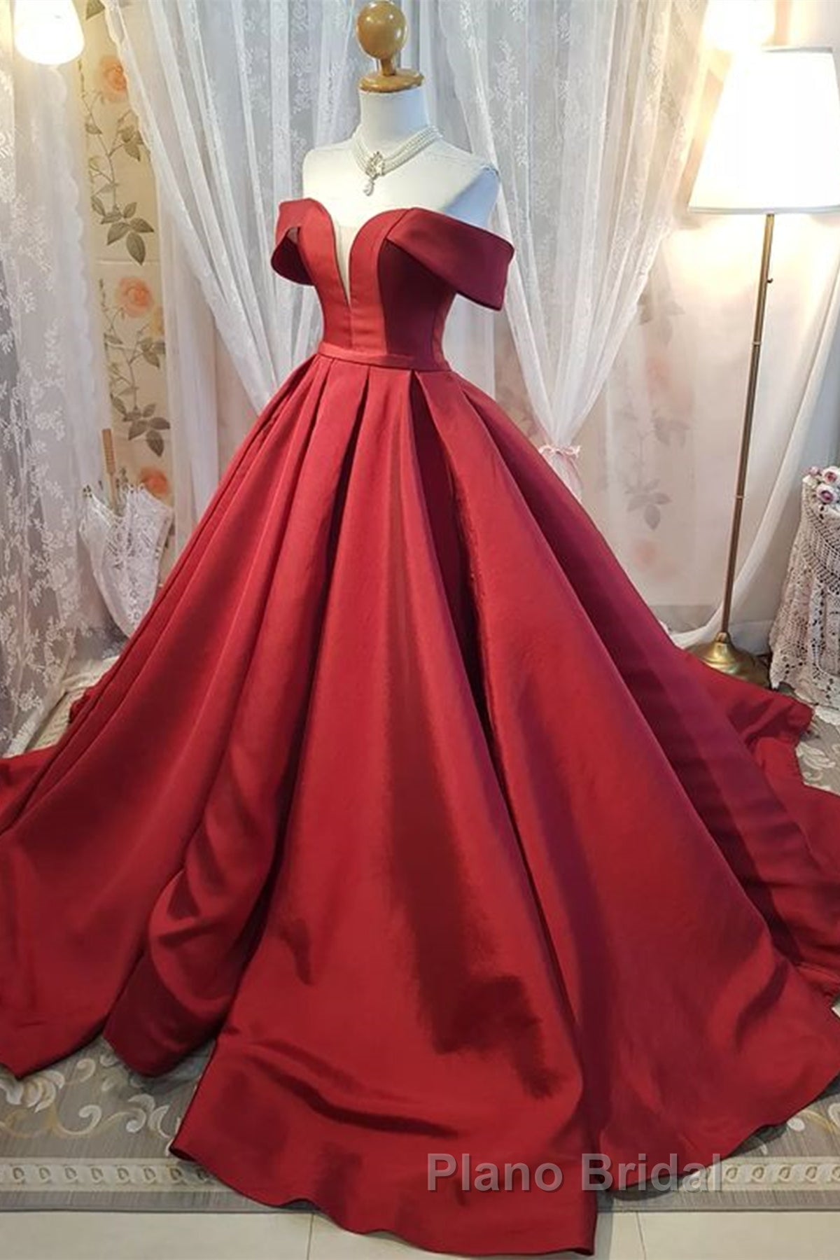 Off Shoulder Burgundy Satin Long Formal Prom Dress, V Neck Burgundy Formal Evening Dress, Burgundy Ball Gown Secondary image
