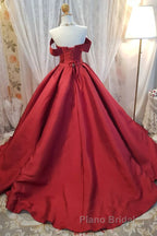 Off Shoulder Burgundy Satin Long Formal Prom Dress, V Neck Burgundy Formal Evening Dress, Burgundy Ball Gown