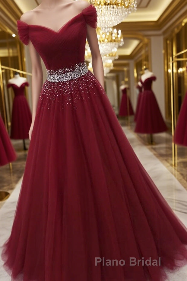 Off Shoulder Burgundy Tulle Long Formal Prom Dresses with Sequins, Bur ...