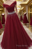 Off Shoulder Burgundy Tulle Long Formal Prom Dresses with Sequins, Burgundy Tulle Formal Evening Dresses
