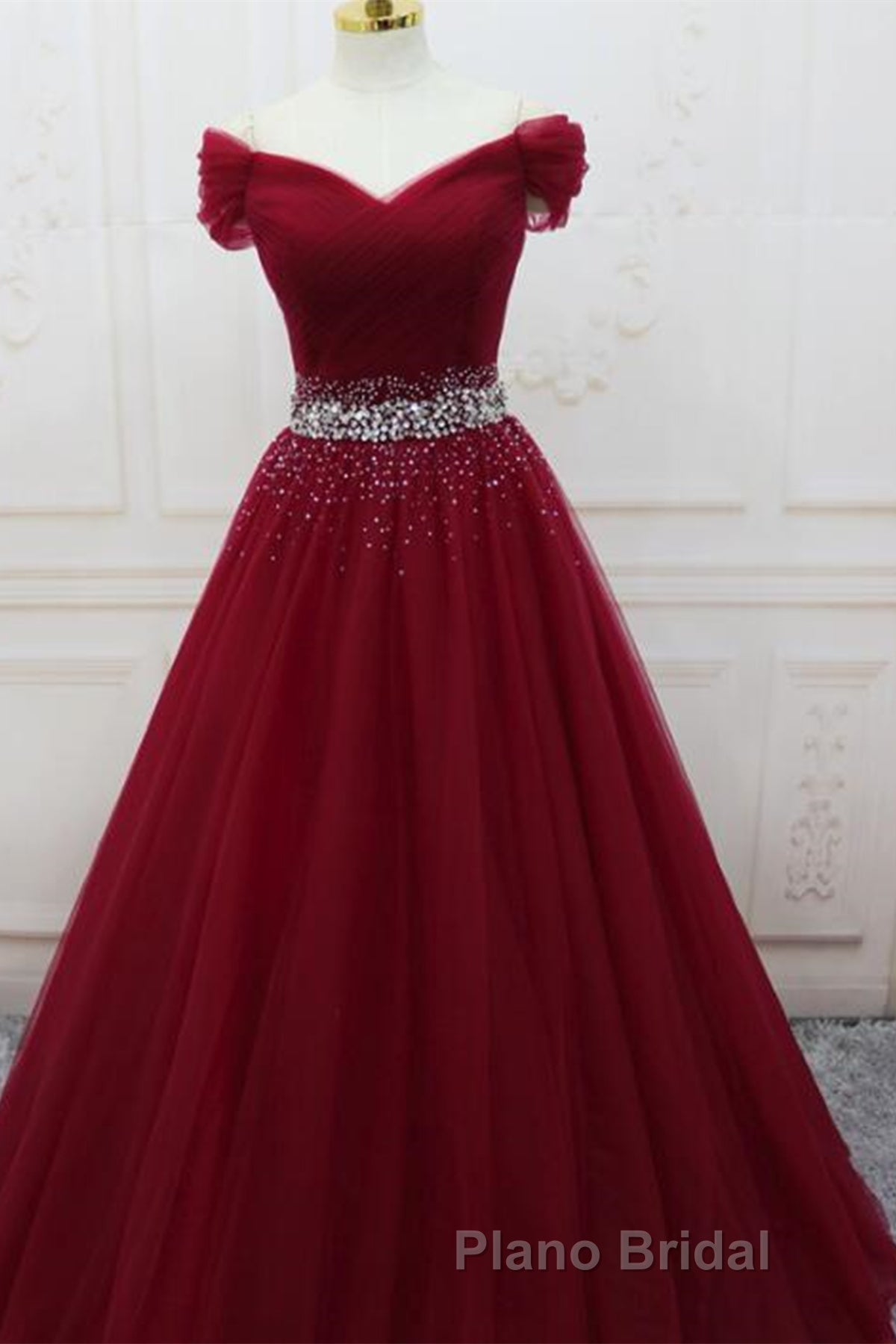 Off Shoulder Burgundy Tulle Long Formal Prom Dresses with Sequins, Burgundy Tulle Formal Evening Dresses Secondary image