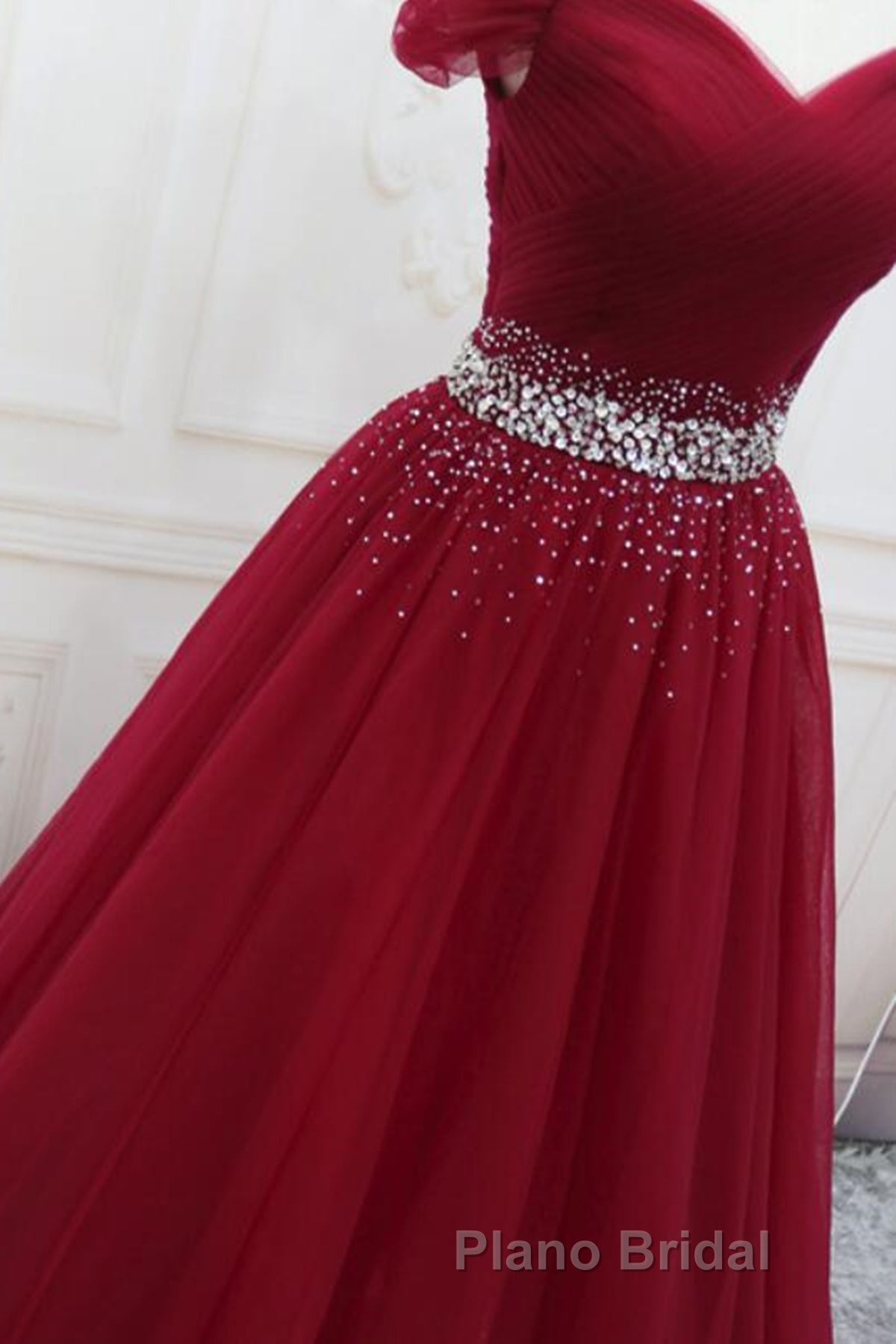 Off Shoulder Burgundy Tulle Long Formal Prom Dresses with Sequins, Burgundy Tulle Formal Evening Dresses