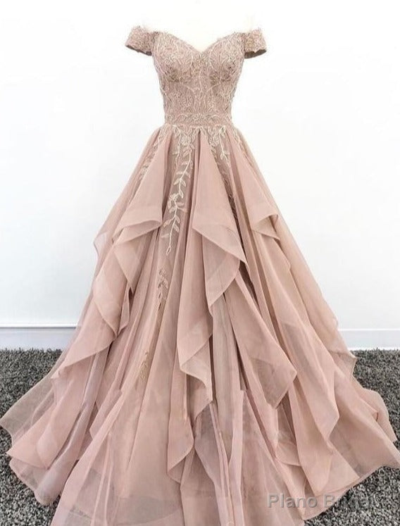 Off Shoulder Dusty Champagne Lace Cheap Long Evening Prom Dresses, Evening Party Prom Dresses Main image