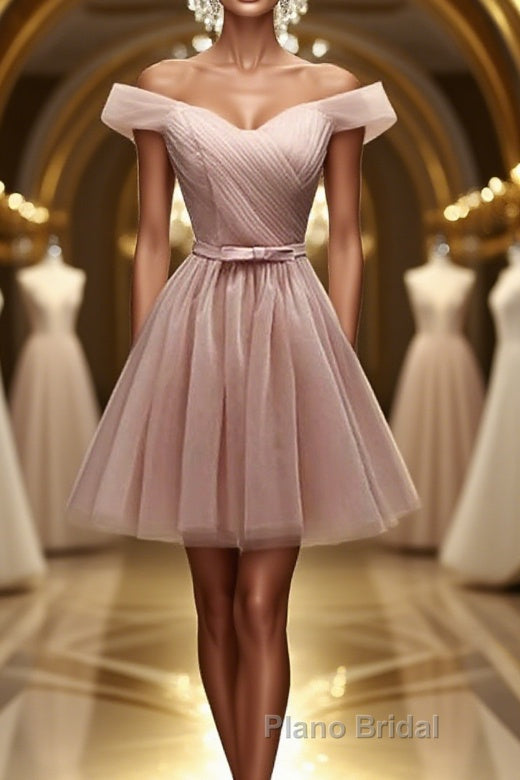 Off Shoulder Dusty Pink Tulle Short Formal Prom Homecoming Dress, Short Pink Formal Graduation Evening Dress Main image