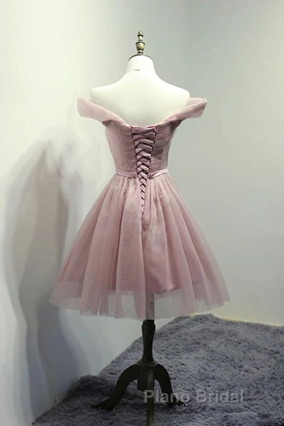 Off Shoulder Dusty Pink Tulle Short Formal Prom Homecoming Dress, Short Pink Formal Graduation Evening Dress Secondary image