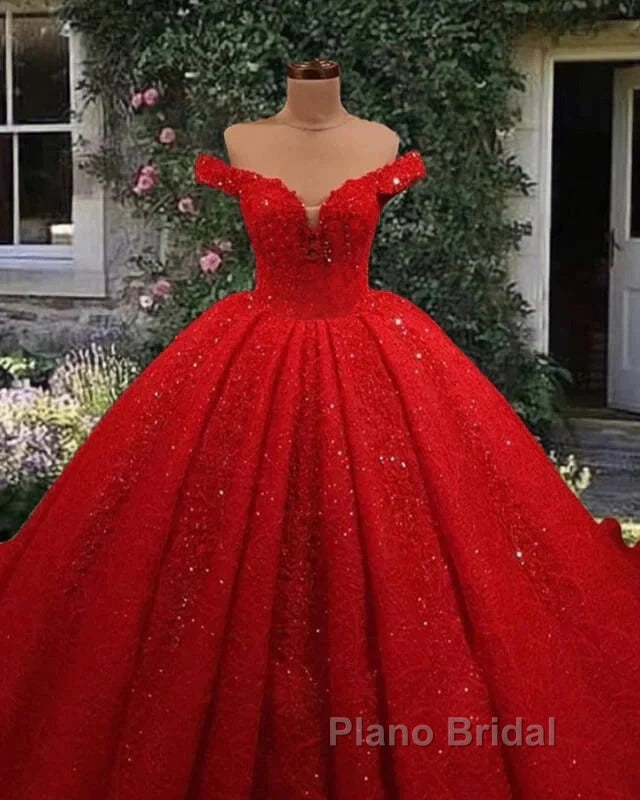 Off Shoulder Glitter Ball Gown Wedding Dresses Red Sequin Bridal Wear Secondary image