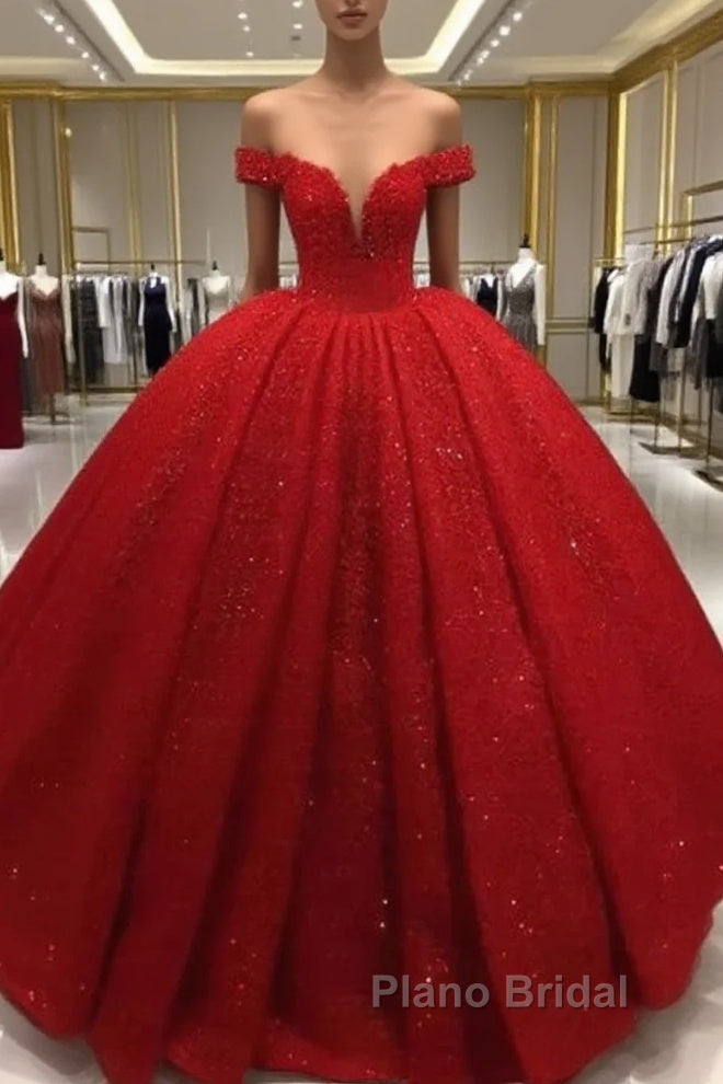 Off Shoulder Glitter Ball Gown Wedding Dresses Red Sequin Bridal Wear Main image
