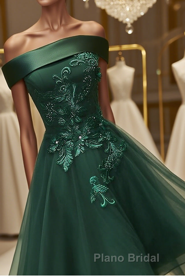 Off Shoulder Green Lace Floral Formal Prom Dress, Short Green Lace Homecoming Dress, Green Formal Evening Dress Main image