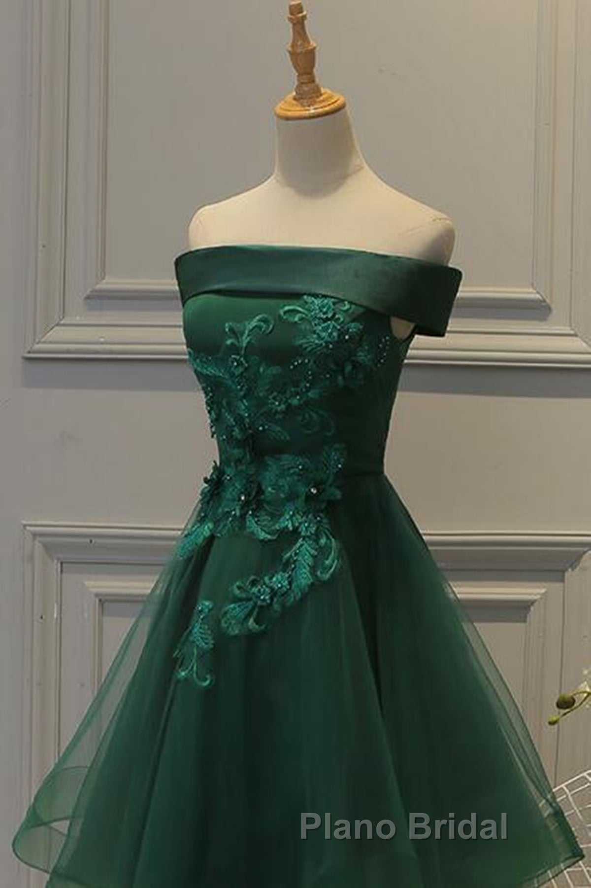 Off Shoulder Green Lace Floral Formal Prom Dress, Short Green Lace Homecoming Dress, Green Formal Evening Dress Secondary image
