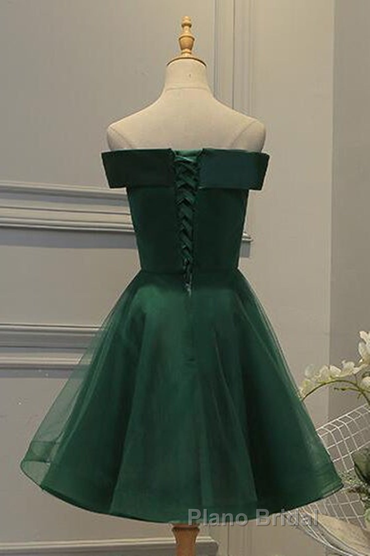 Off Shoulder Green Lace Floral Formal Prom Dress, Short Green Lace Homecoming Dress, Green Formal Evening Dress