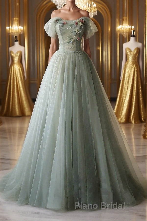 Off Shoulder Green Tulle Floral Long Formal Prom Dresses, Off the Shoulder Green Formal Evening Dresses with 3D Flowers