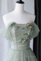 Off Shoulder Green Tulle Floral Long Formal Prom Dresses, Off the Shoulder Green Formal Evening Dresses with 3D Flowers