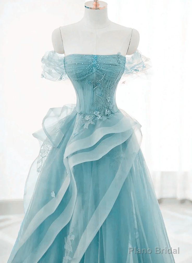 Off Shoulder Lace-up Formal Dress,Blue Birthday Dress Pretty Prom Dress Secondary image