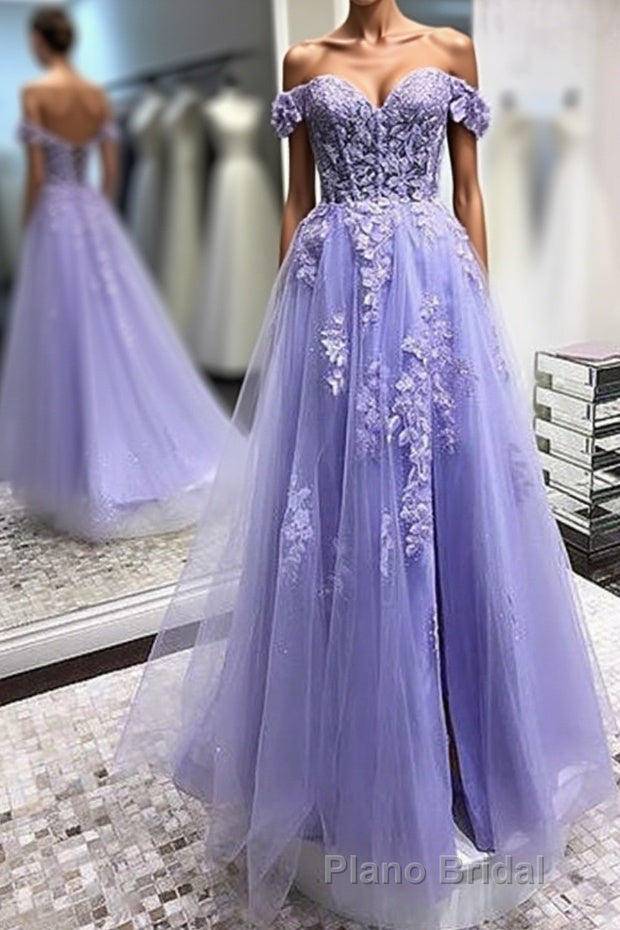 Off Shoulder Lavender Lace Long Formal Prom Dresses, Lilac Lace Prom Dresses, Purple Evening Dresses Main image
