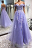 Off Shoulder Lavender Lace Long Formal Prom Dresses, Lilac Lace Prom Dresses, Purple Evening Dresses