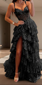 Off Shoulder Layered Navy Blue Lace Long Formal Prom Dresses With Split, Off The Shoulder Navy Blue Formal Dresses