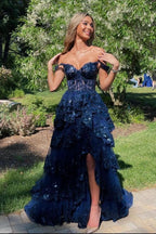 Off Shoulder Layered Navy Blue Lace Long Formal Prom Dresses With Split, Off The Shoulder Navy Blue Formal Dresses