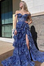 Off Shoulder Layered Navy Blue Lace Long Formal Prom Dresses With Split, Off The Shoulder Navy Blue Formal Dresses