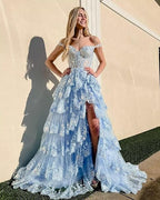 Off Shoulder Layered Navy Blue Lace Long Formal Prom Dresses With Split, Off The Shoulder Navy Blue Formal Dresses
