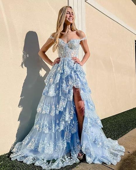Off Shoulder Layered Navy Blue Lace Long Formal Prom Dresses With Split, Off The Shoulder Navy Blue Formal Dresses