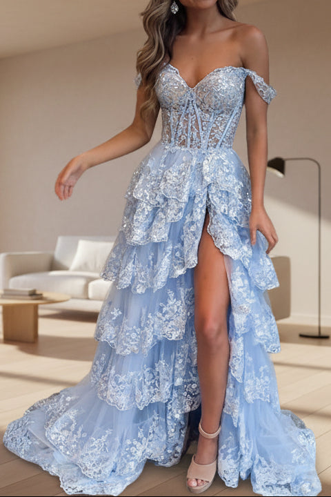 Off Shoulder Layered Navy Blue Lace Long Formal Prom Dresses With Split, Off The Shoulder Navy Blue Formal Dresses
