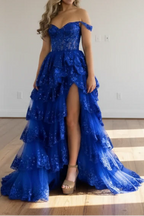 Off Shoulder Layered Navy Blue Lace Long Formal Prom Dresses With Split, Off The Shoulder Navy Blue Formal Dresses